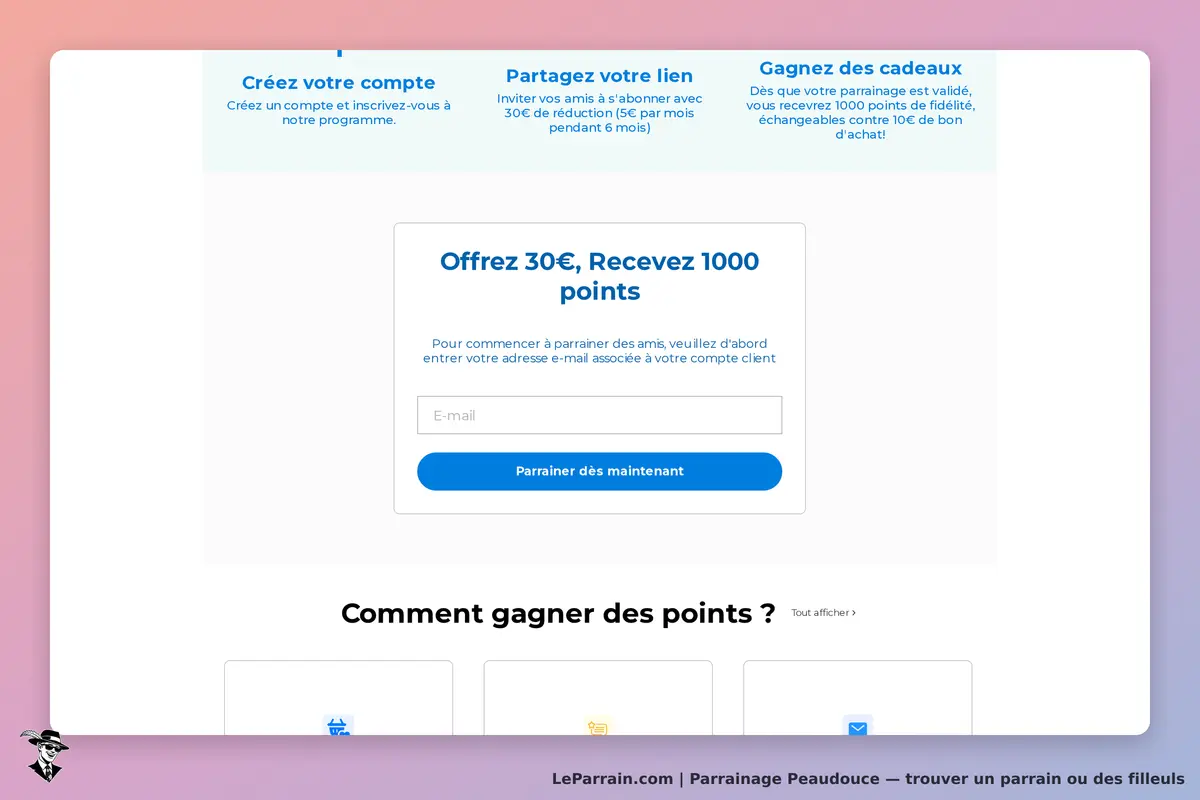 Peaudouce : section de parrainage avec formulaire et explications sur les points à gagner