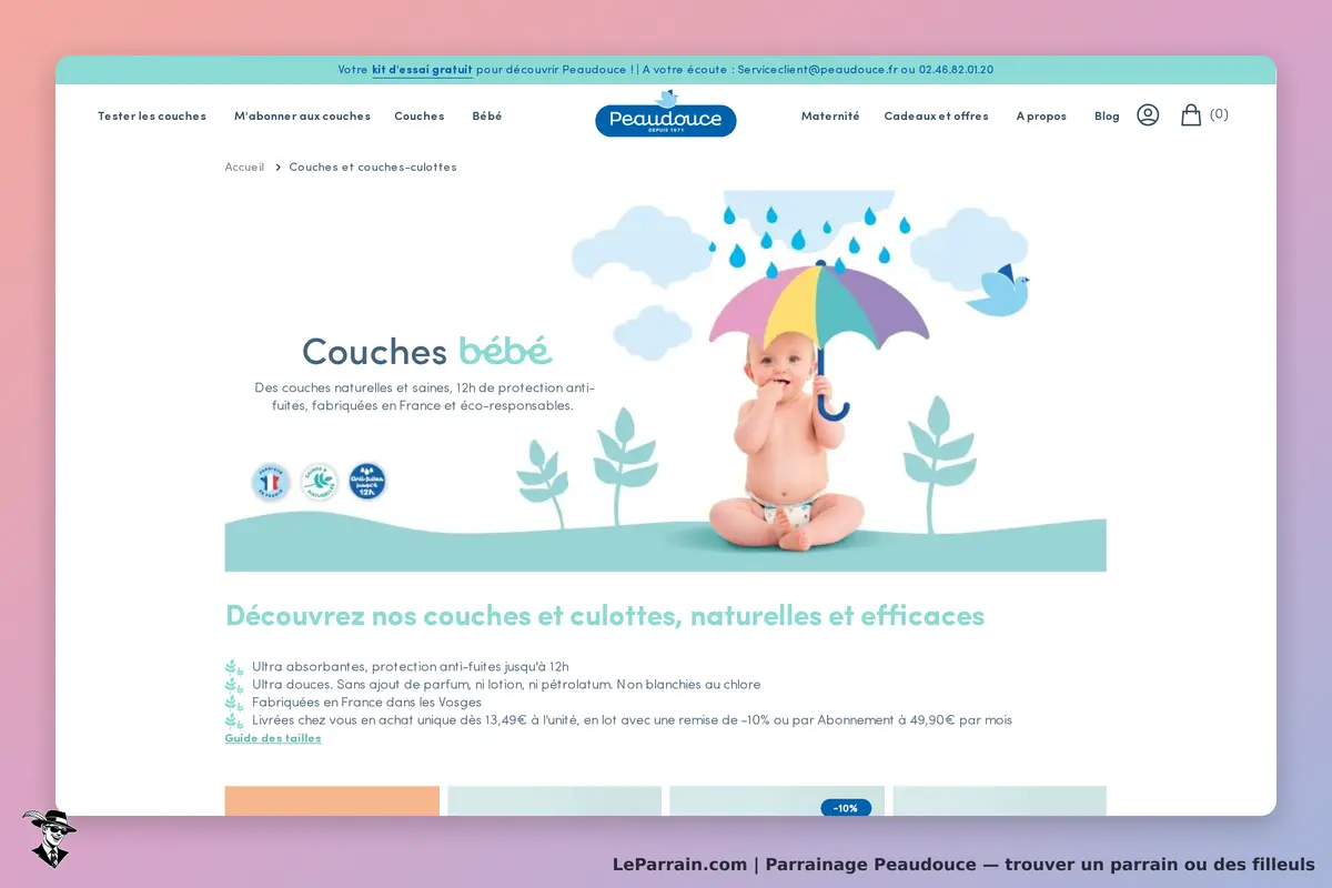 Peaudouce : page d'accueil avec un bébé sous un parapluie et des informations sur les couches
