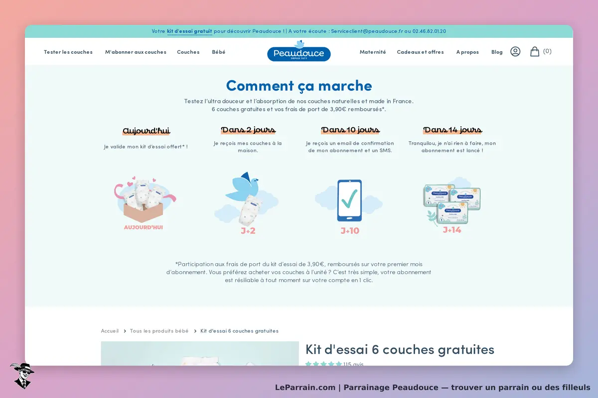 Peaudouce : étapes du processus pour tester des couches, avec illustrations et informations claires