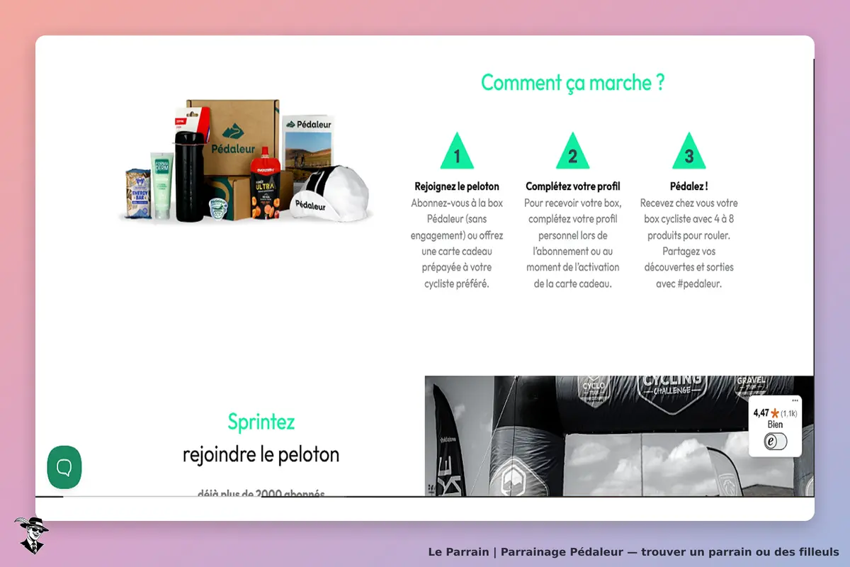 Pédaleur : produits divers dans une boîte, explications sur le fonctionnement du service