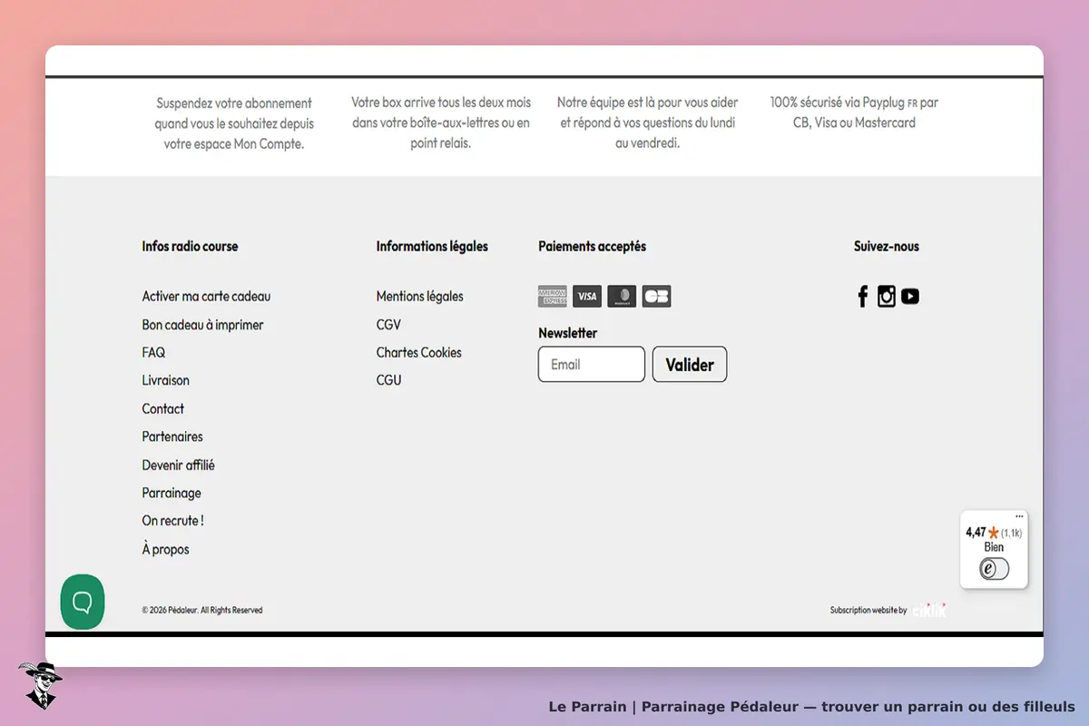 Pédaleur : footer avec liens, informations légales, newsletter et icônes de réseaux sociaux