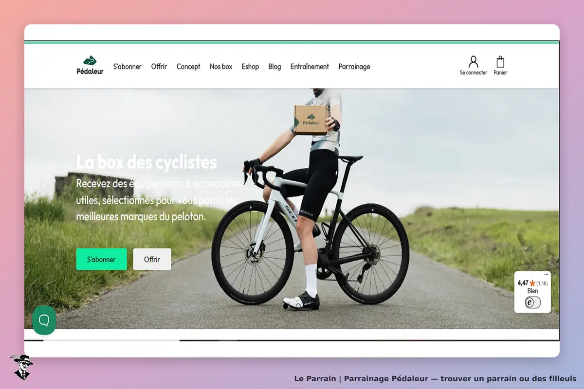 Pédaleur : un cycliste avec un vélo pose sur une route, tenant une boîte. Texte en arrière-plan