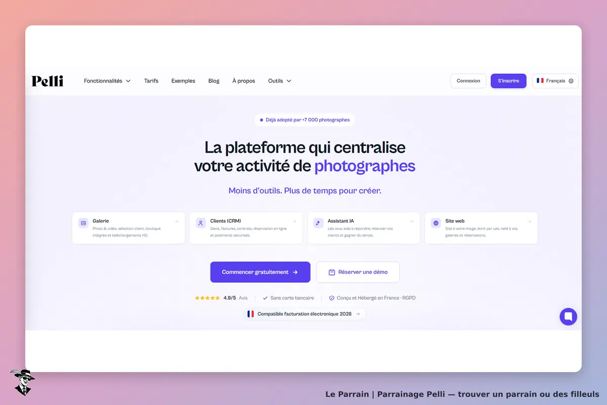 Pelli : page d'accueil présentant les fonctionnalités pour photographes et options d'inscription
