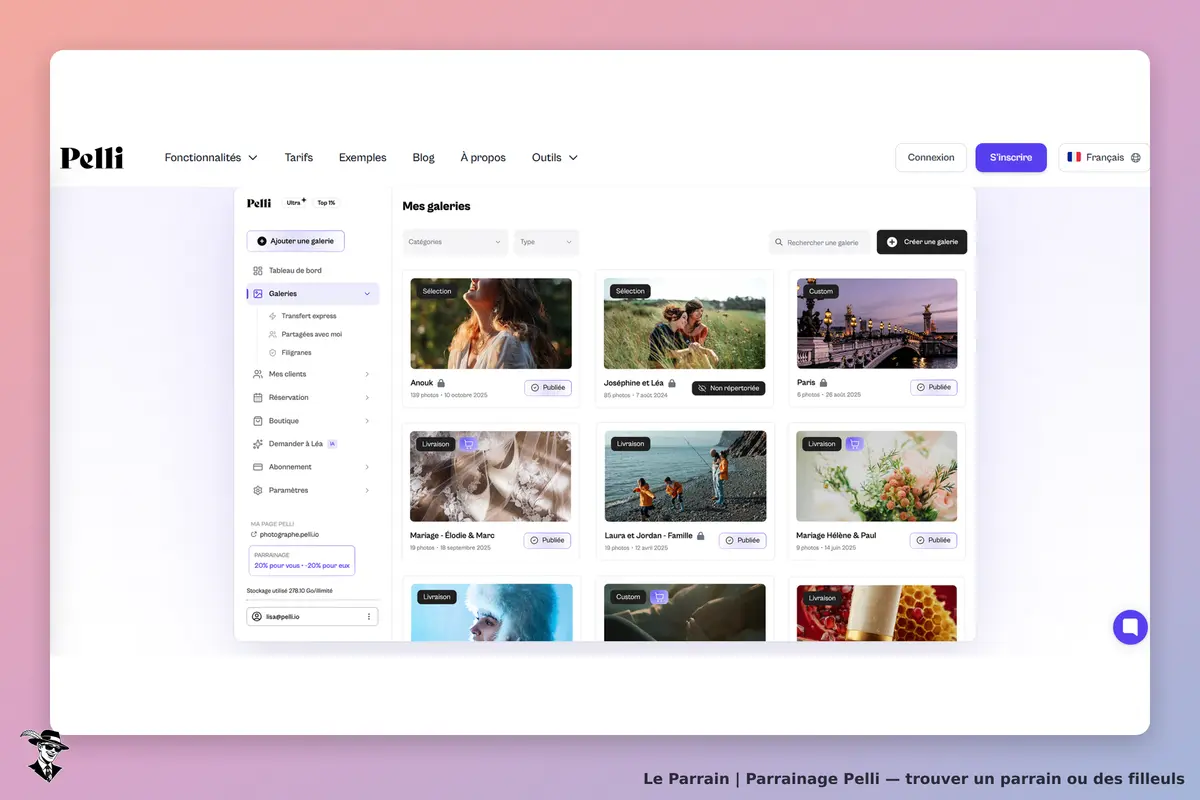 Pelli : page d'accueil avec galeries d'images et options de gestion des albums