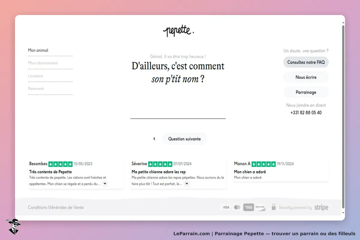 Pepette : page d'accueil avec une question sur le nom de l'animal et des avis clients