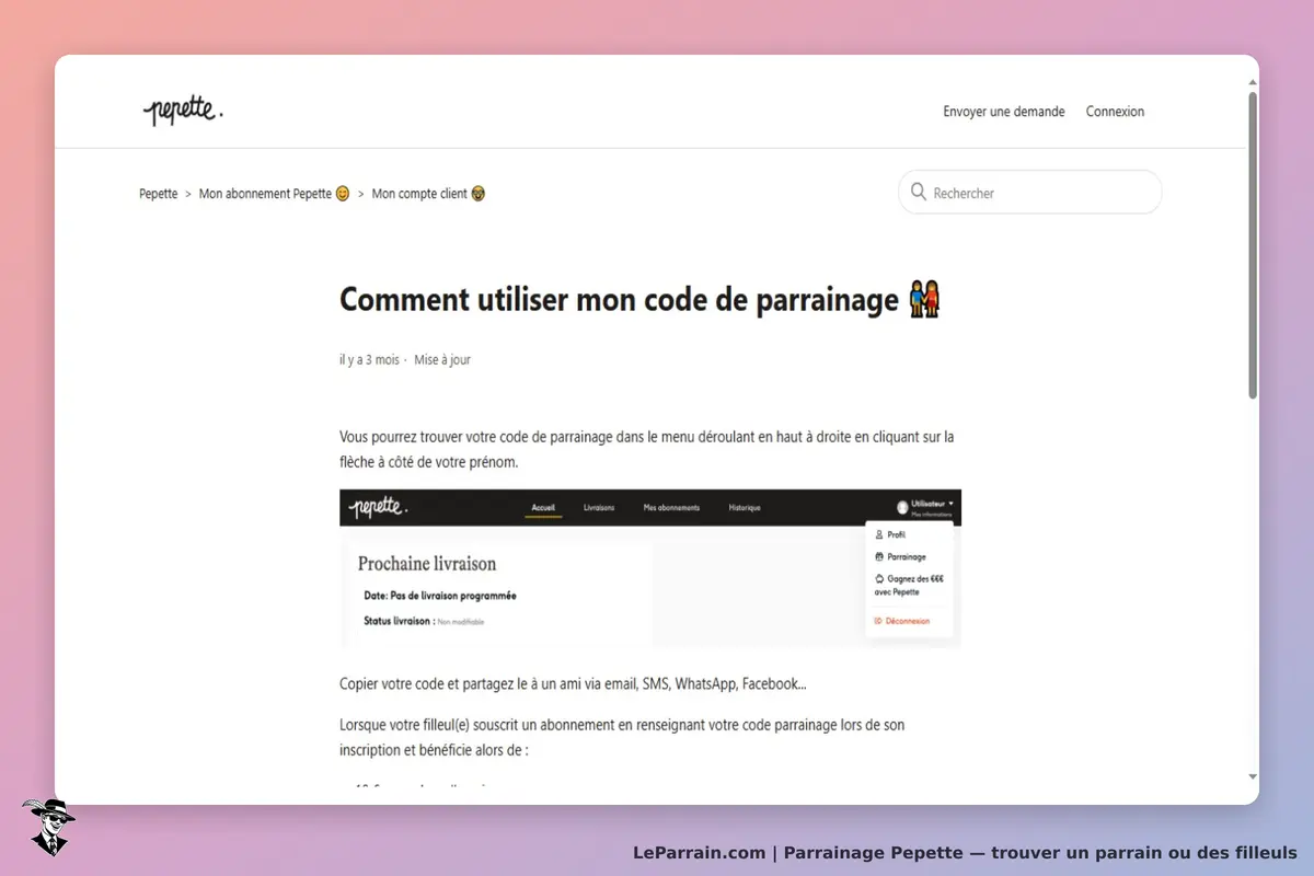 Pepette : page d'aide sur l'utilisation du code de parrainage et informations sur la livraison