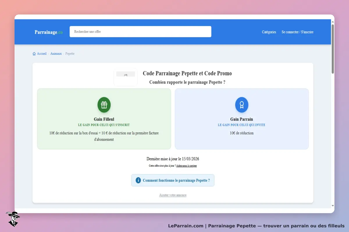 Pepette : page d'accueil avec informations sur le parrainage et gains associés