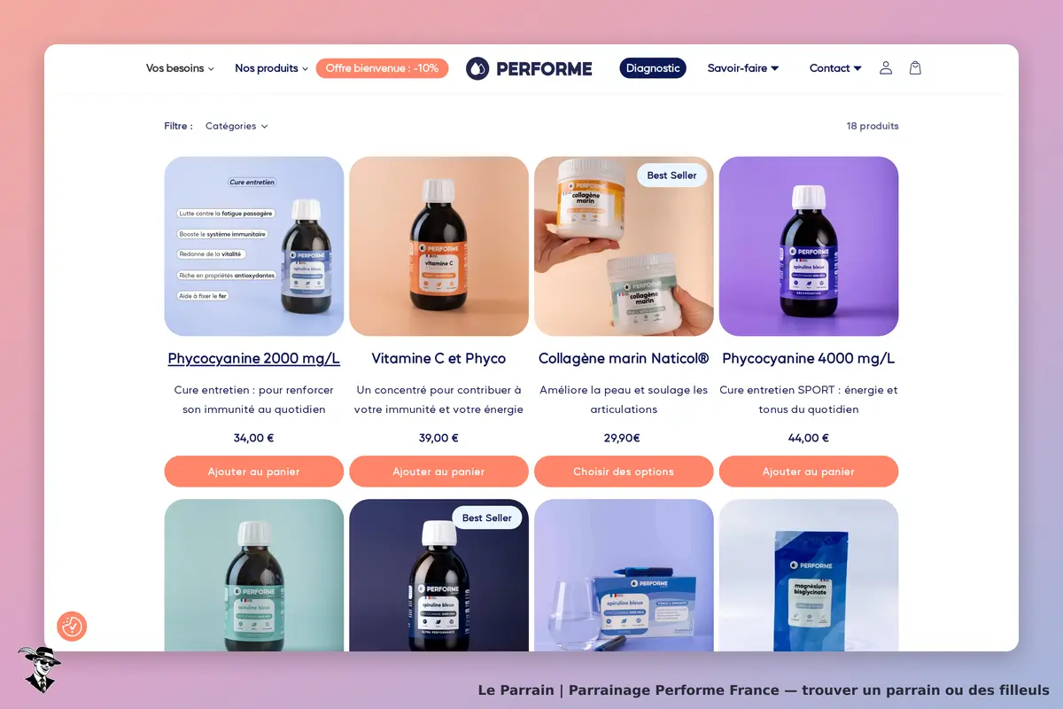 Performe France : performe : page de catégorie présentant divers produits de santé et bien-être