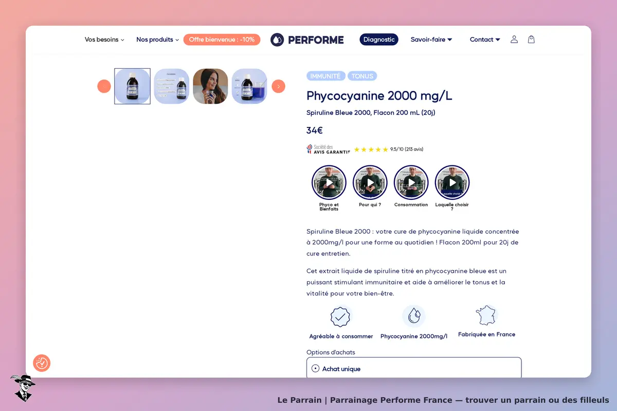 Performe France : performe : page produit présentant la Phycocyanine 2000 mg/L et ses informations