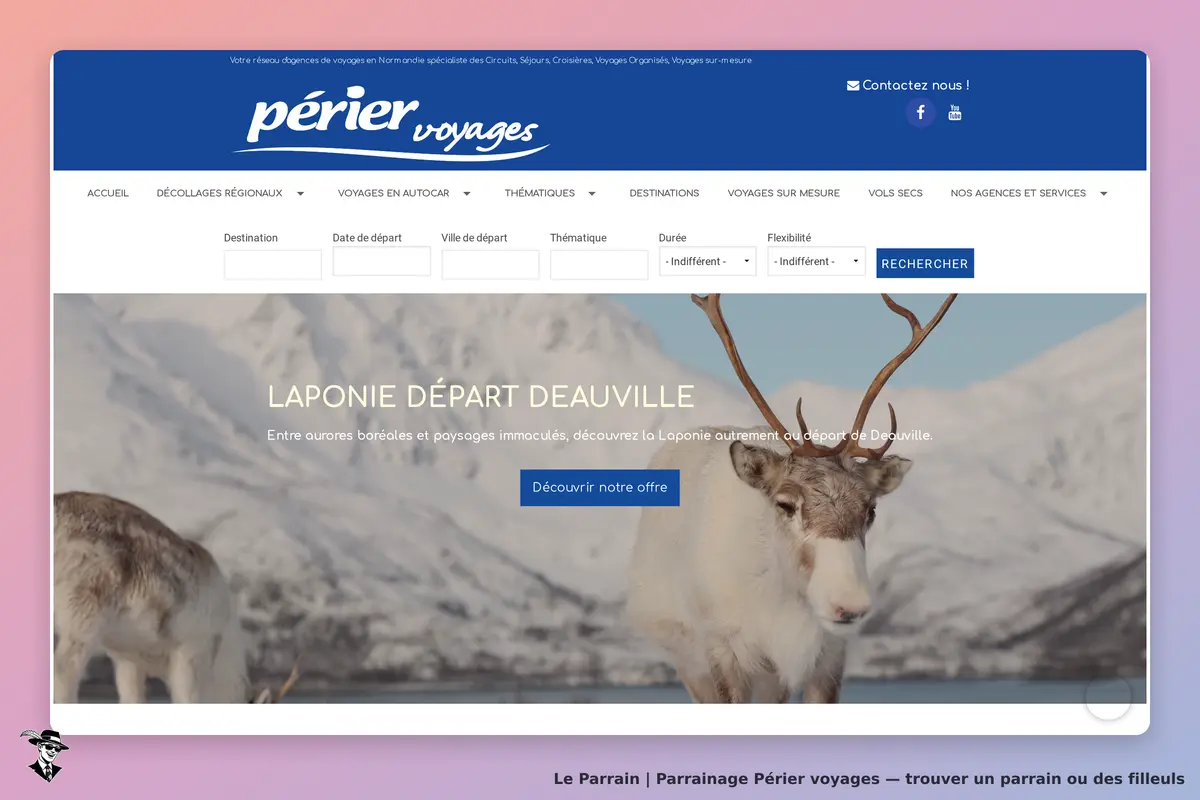 Périer voyages : page d'accueil avec un renne et une annonce sur la Laponie au départ de Deauville