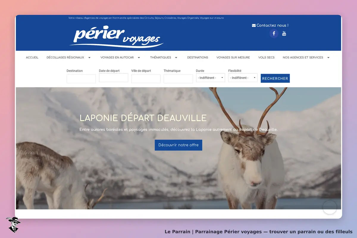 Périer voyages : page d'accueil avec un renne sur fond de paysage enneigé et formulaire de