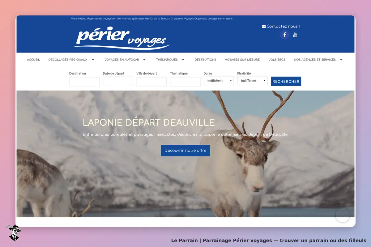 Périer voyages : page d'accueil avec un renne et un paysage de Laponie en arrière-plan