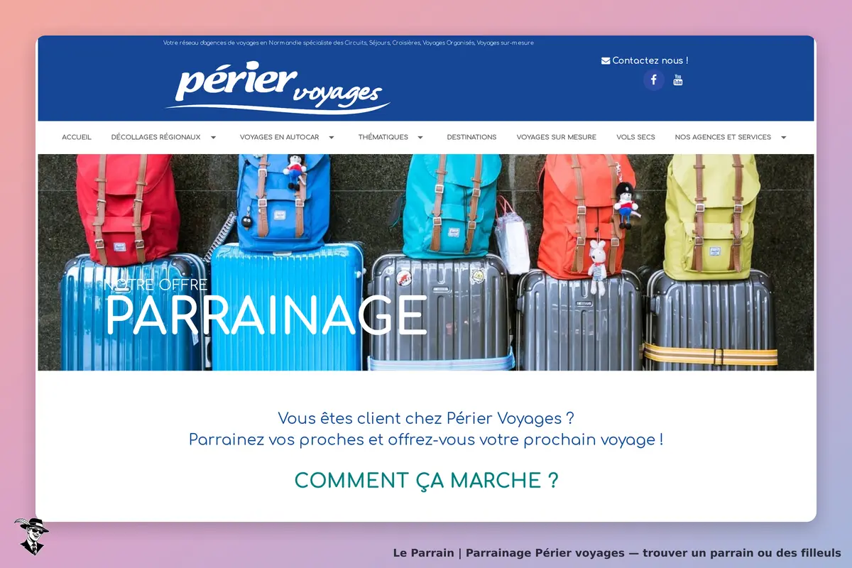 Périer voyages : page d'accueil avec valises colorées et section sur le parrainage