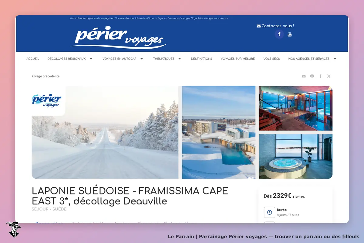 Périer voyages : page de présentation d'un séjour en Laponie avec images de paysages et d'hôtels