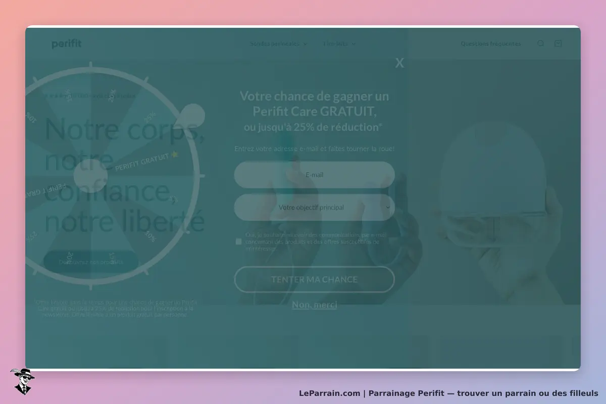 Perifit : page d'accueil avec un formulaire et une roue de la fortune pour gagner des récompenses