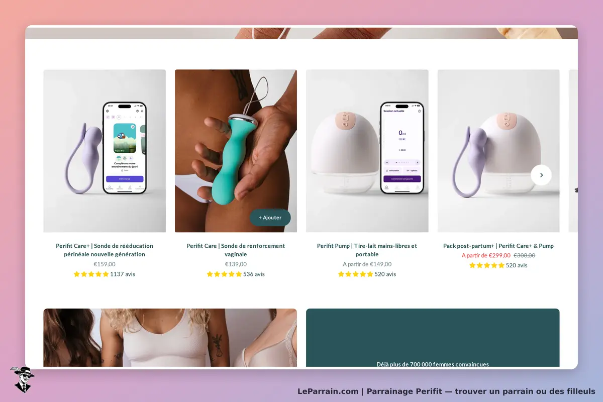 Perifit : page d'accueil présentant des sondes et un tire-lait avec évaluations et prix