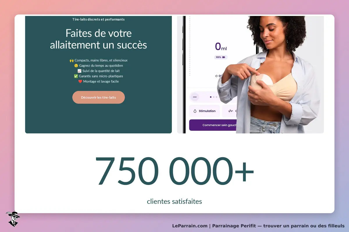 Perifit : page d'accueil présentant un tire-lait et une cliente l'utilisant