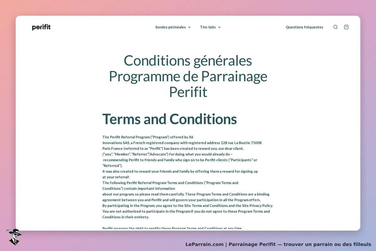Perifit : conditions générales du programme de parrainage affichées sur la page d'accueil