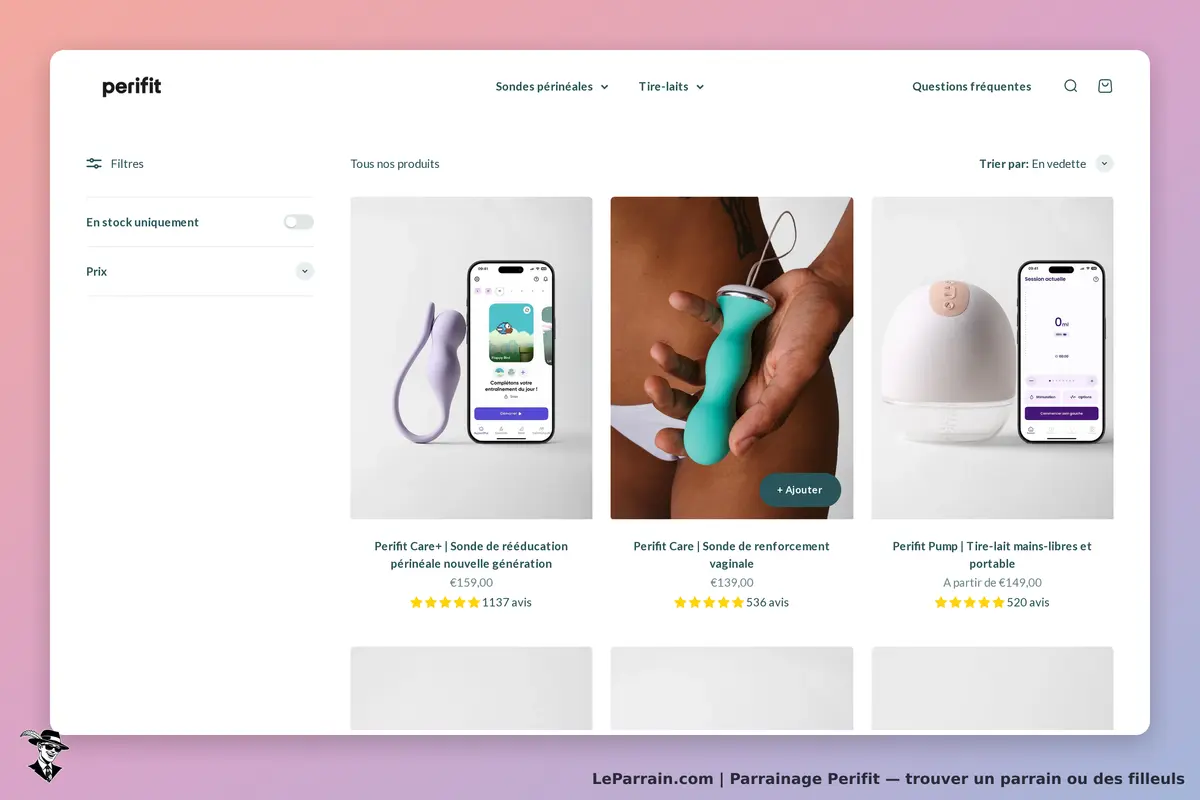 perifit : page de catégorie avec des sondes périnéales et tire-laits affichés en produits