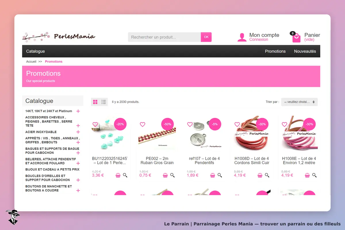 Perles Mania : page des promotions avec catalogue de produits et options de tri