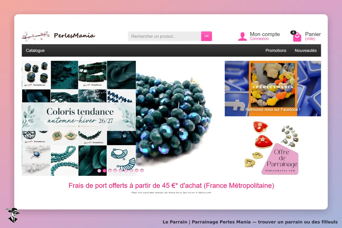 Perles Mania : page d'accueil avec divers produits et un visuel de collection automne-hiver