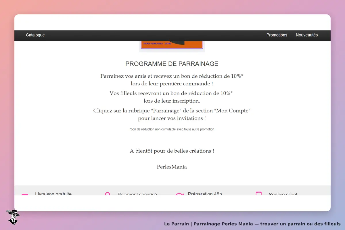 Perles Mania : capture d'écran du programme de parrainage avec informations et options de
