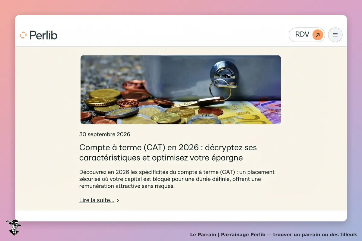 Perlib : page d'accueil présentant un compte à terme avec des pièces et un cadenas