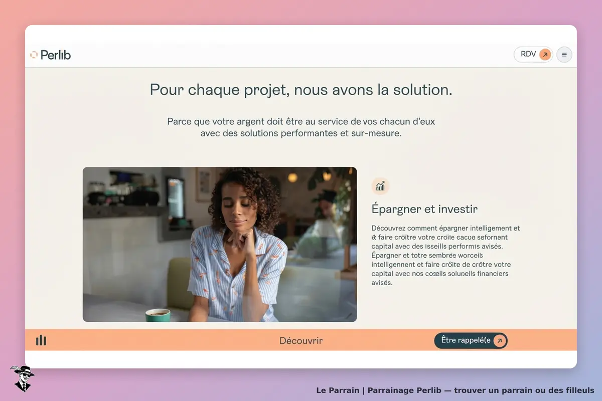 Perlib : page d'accueil avec une femme réfléchissant, texte sur l'épargne et l'investissement