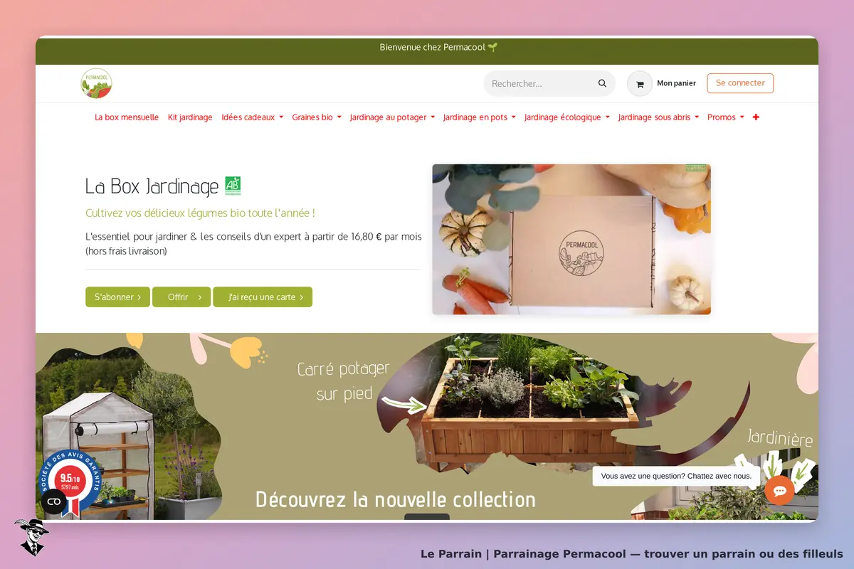 Permacool : page d'accueil présentant la Box Jardiniage et un carré potager sur pied