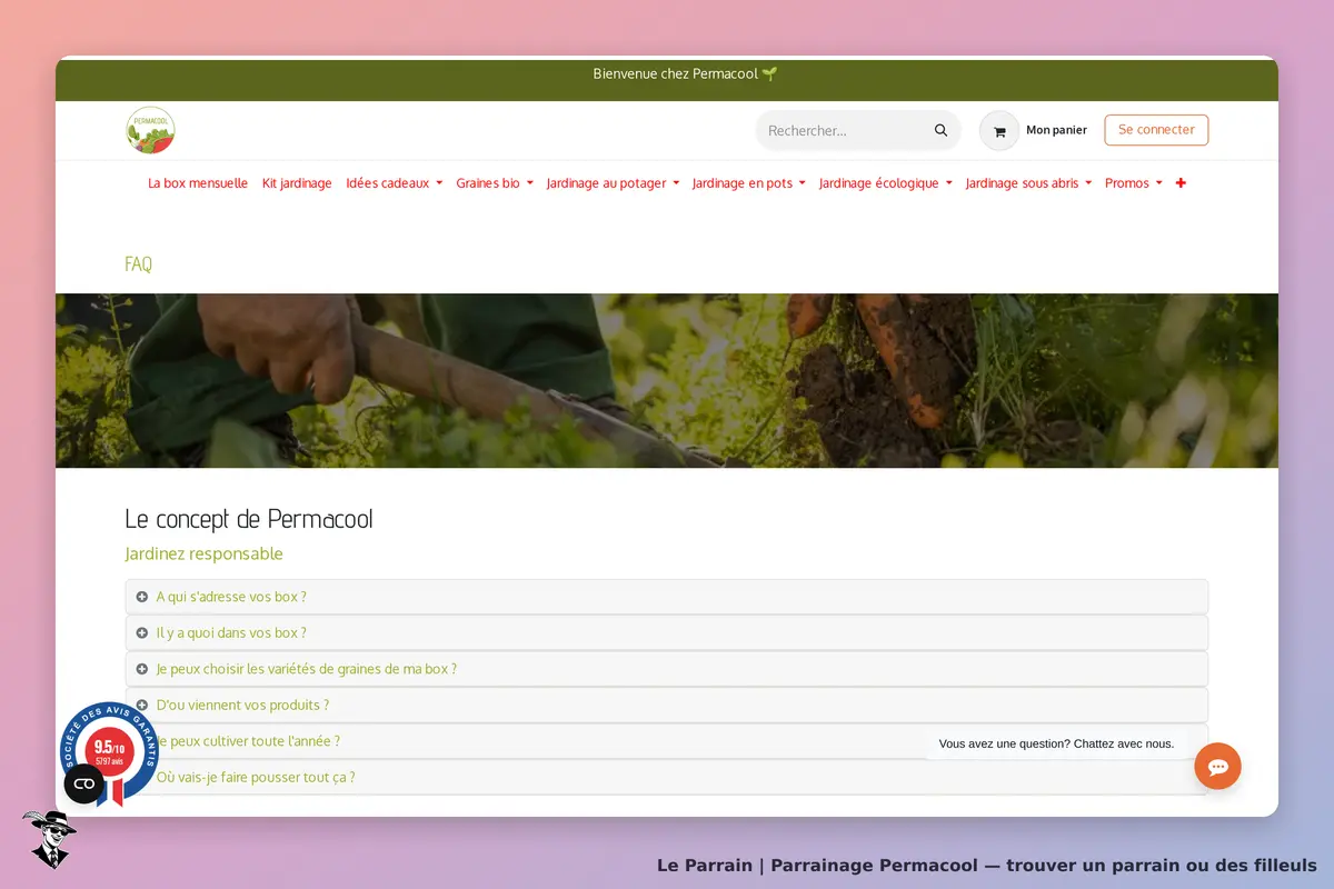Permacool : page d'accueil avec section FAQ sur le jardinage responsable et image de jardinage