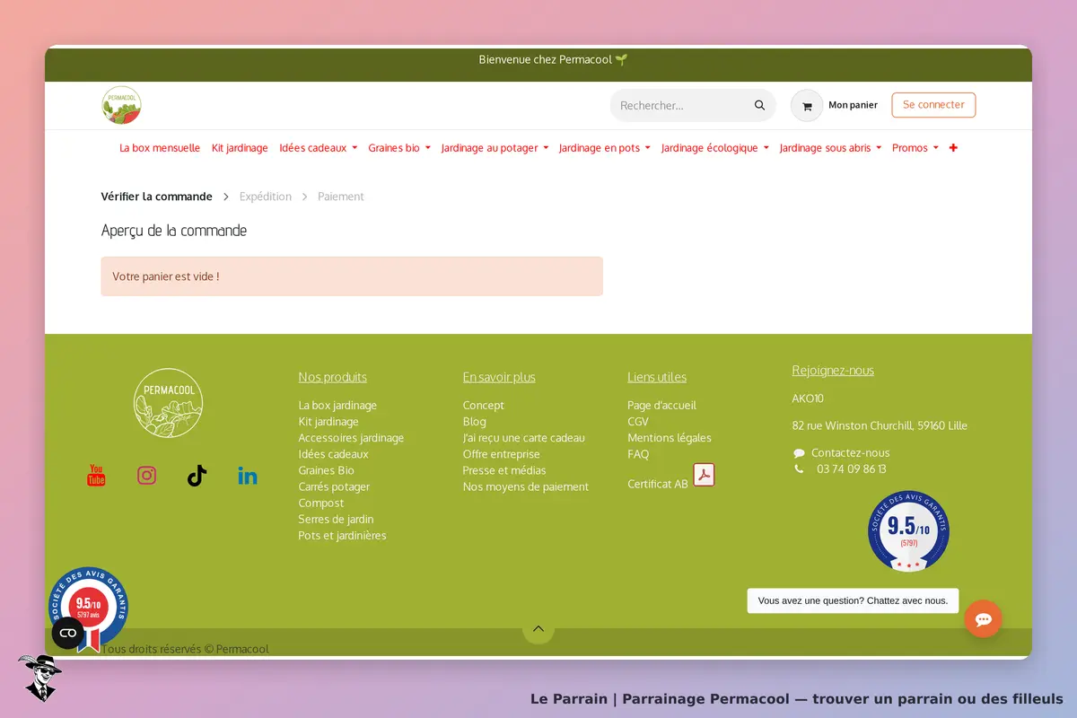 Permacool : aperçu de commande avec un message indiquant que le panier est vide