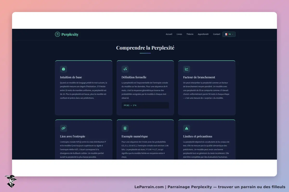 Perplexity : page d'accueil présentant des concepts liés à la perplexité en langage