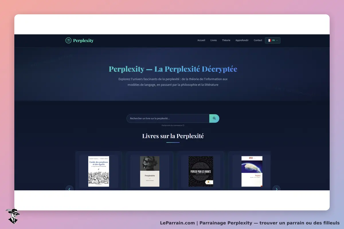 Perplexity : page d'accueil présentant des livres sur la perplexité et un champ de recherche