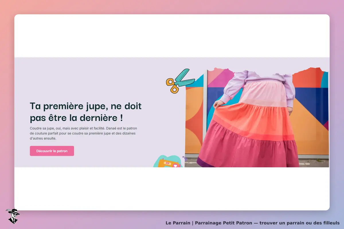 Petit Patron : une jupe colorée portée, avec un texte d'invitation à découvrir un patron