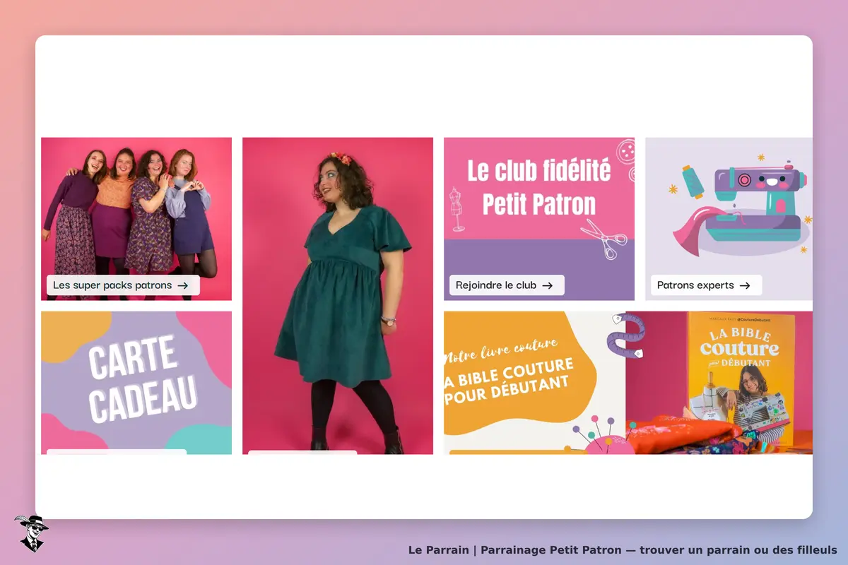 Petit Patron : page d'accueil avec modèles de vêtements et sections sur le club et la couture