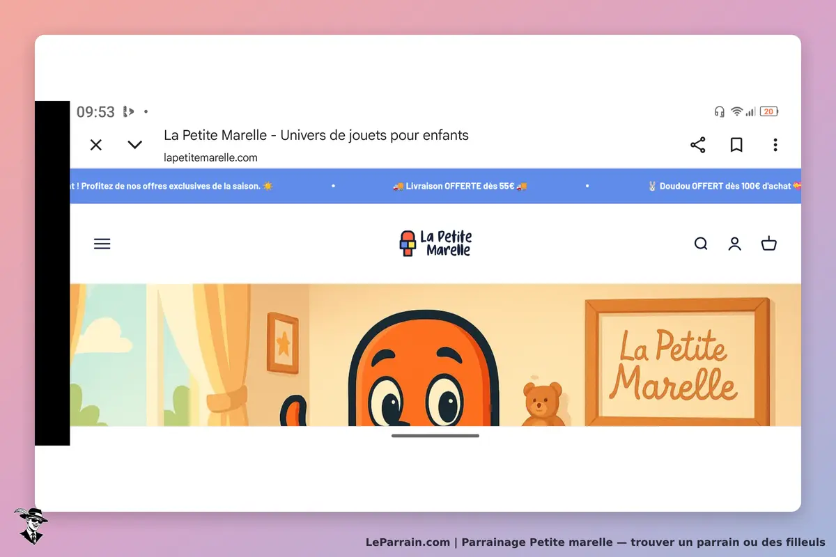 La Petite Marelle : page d'accueil avec un personnage et un ours en peluche dans un décor coloré