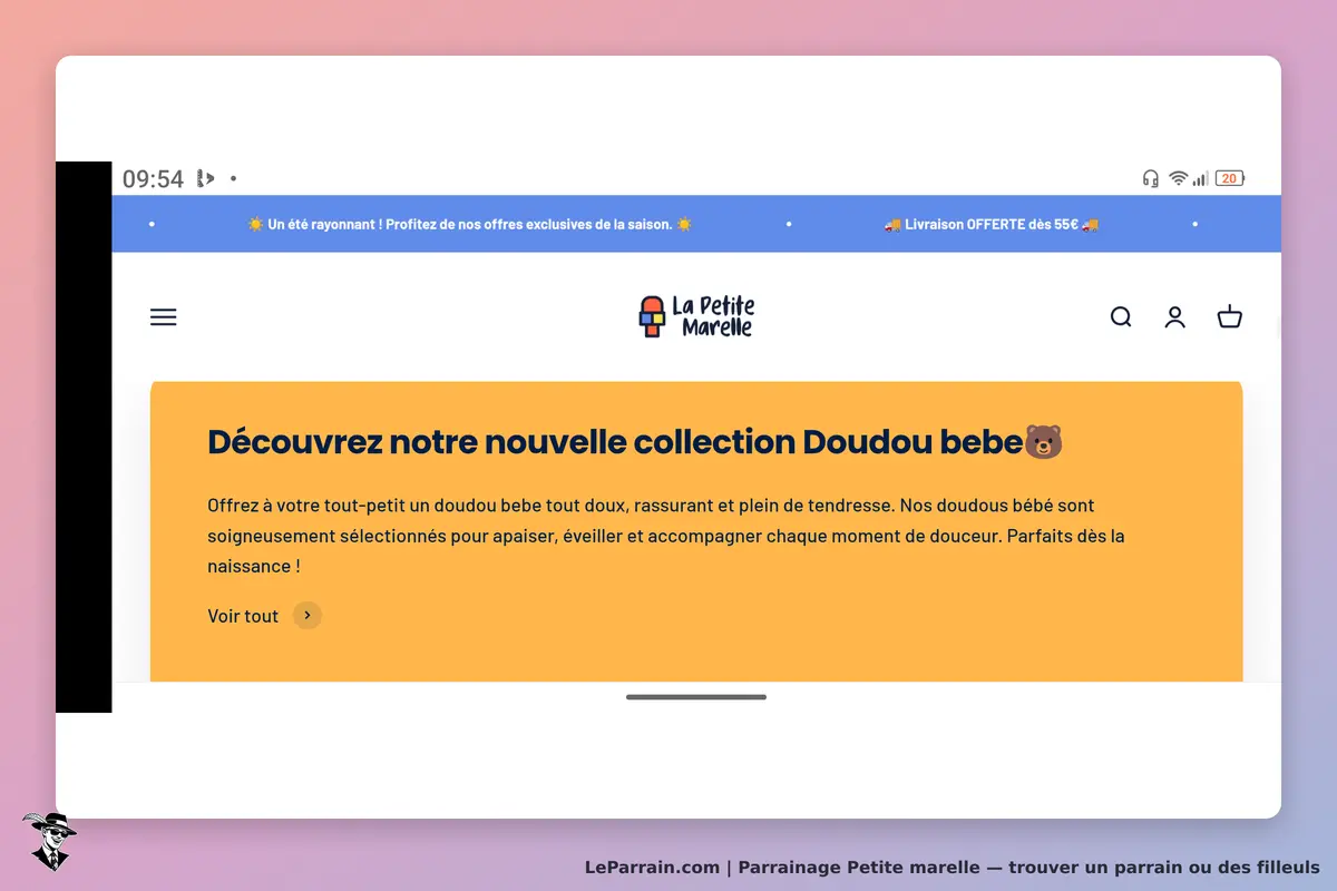 La Petite Marelle : page d'accueil présentant la collection de doudous pour bébés