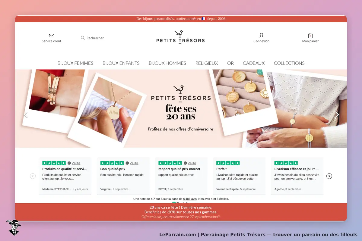 Petits Trésors : page d'accueil présentant des bijoux et des avis clients sur les produits