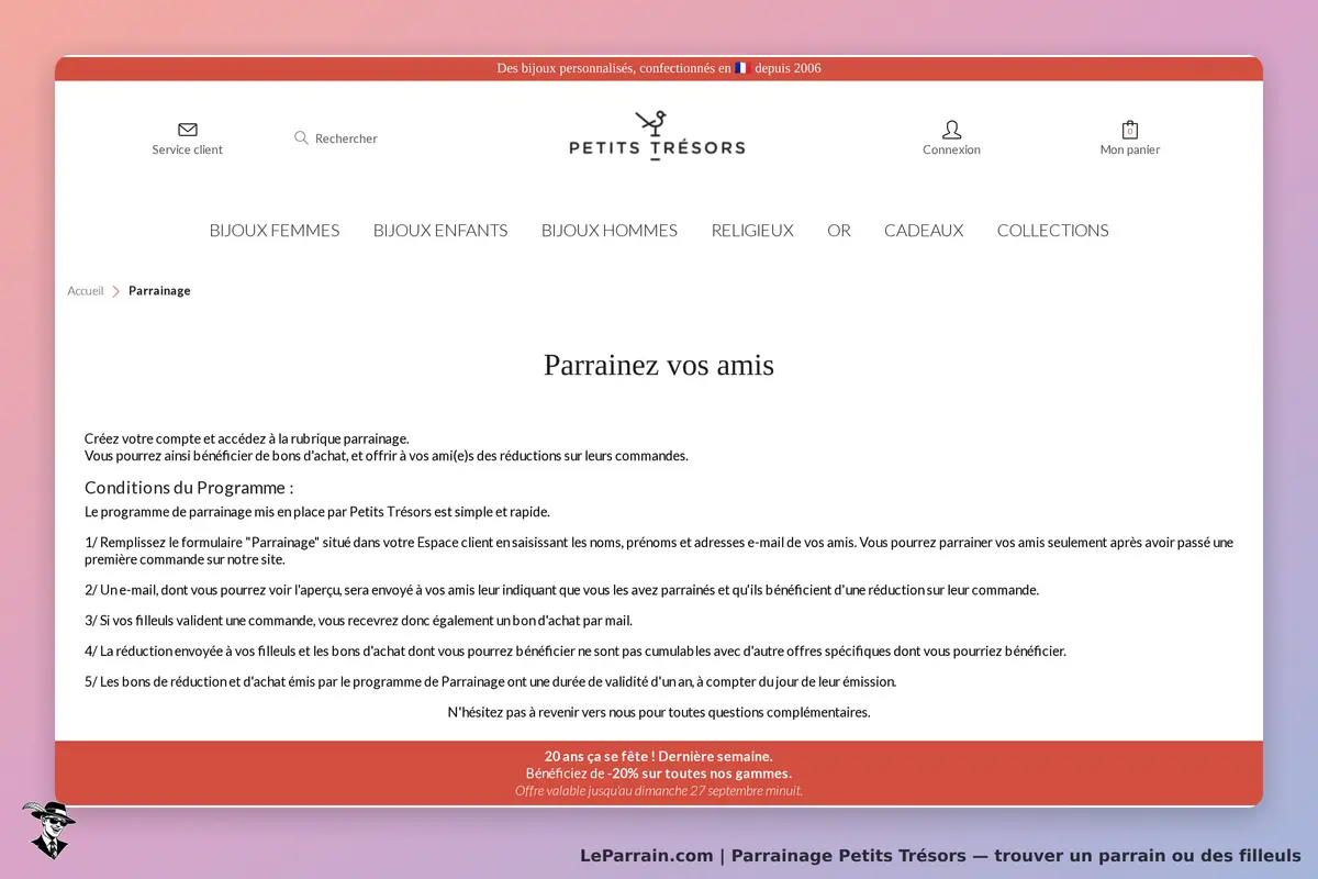 Petits Trésors : page de parrainage avec explications et conditions du programme affichées