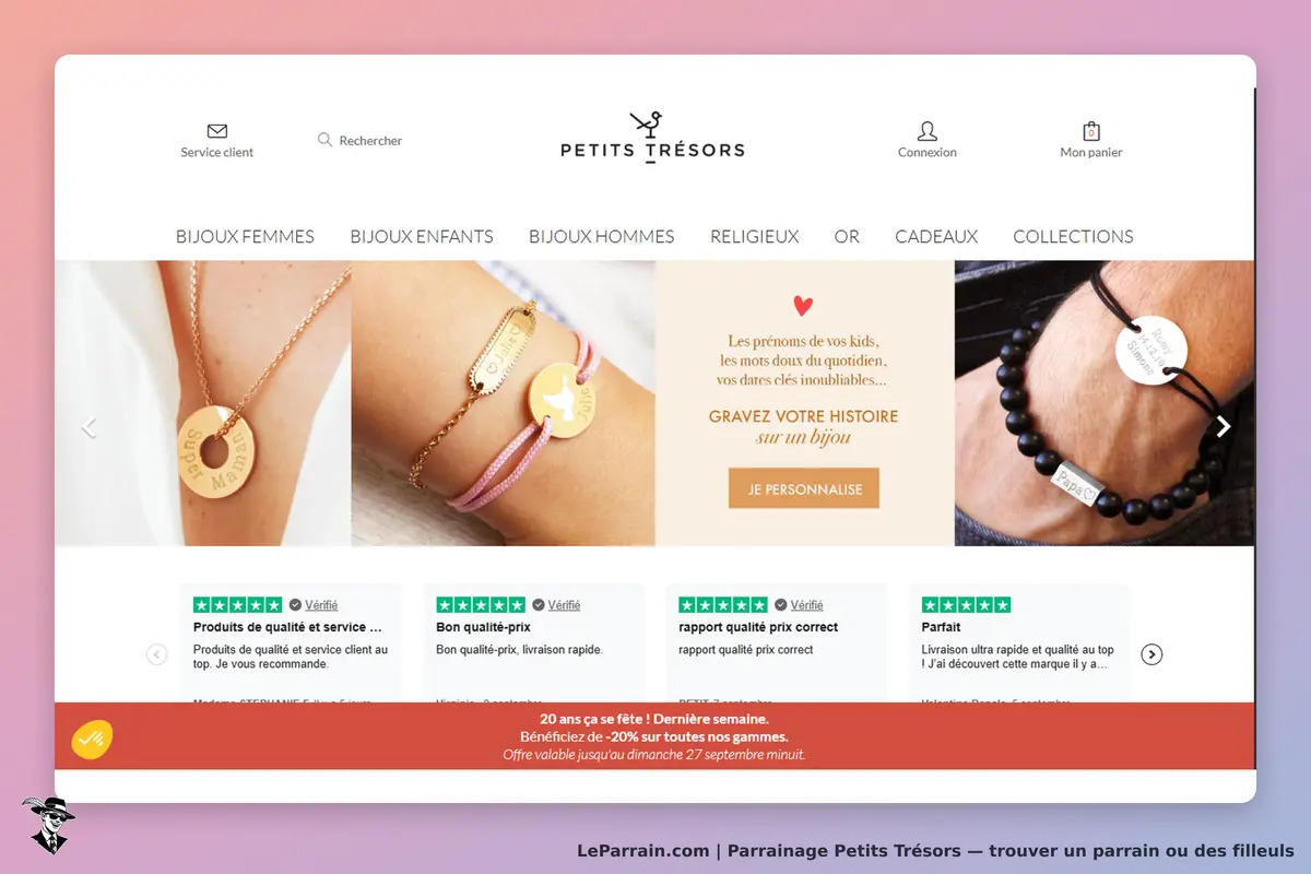 Petits Trésors : page d'accueil avec des bijoux pour femmes, enfants et hommes affichés