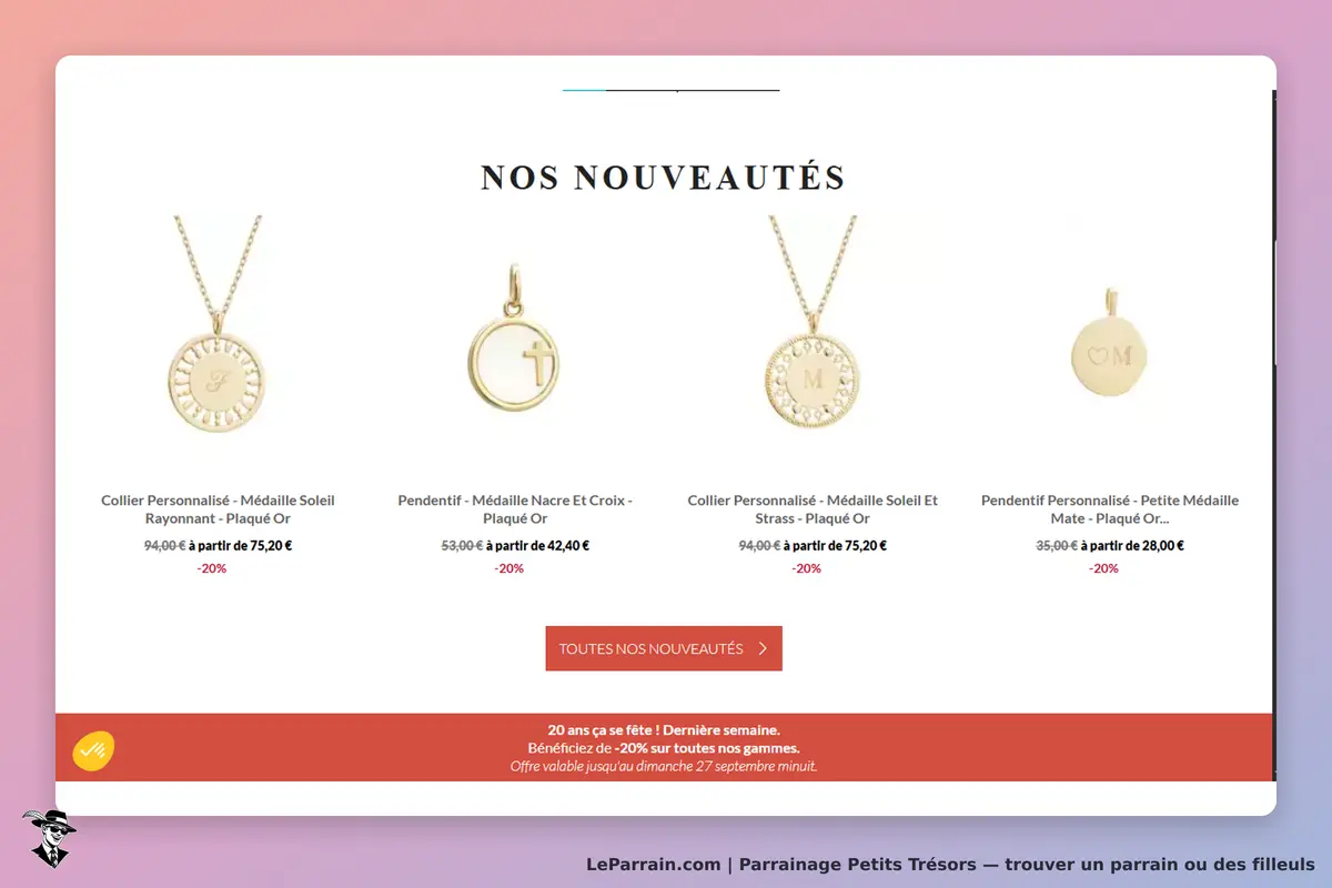 Petits Trésors : affichage des nouveautés avec colliers et pendentifs en plaqué or