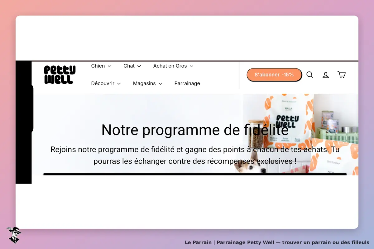 Petty Well : page d'accueil présentant le programme de fidélité et des produits pour animaux