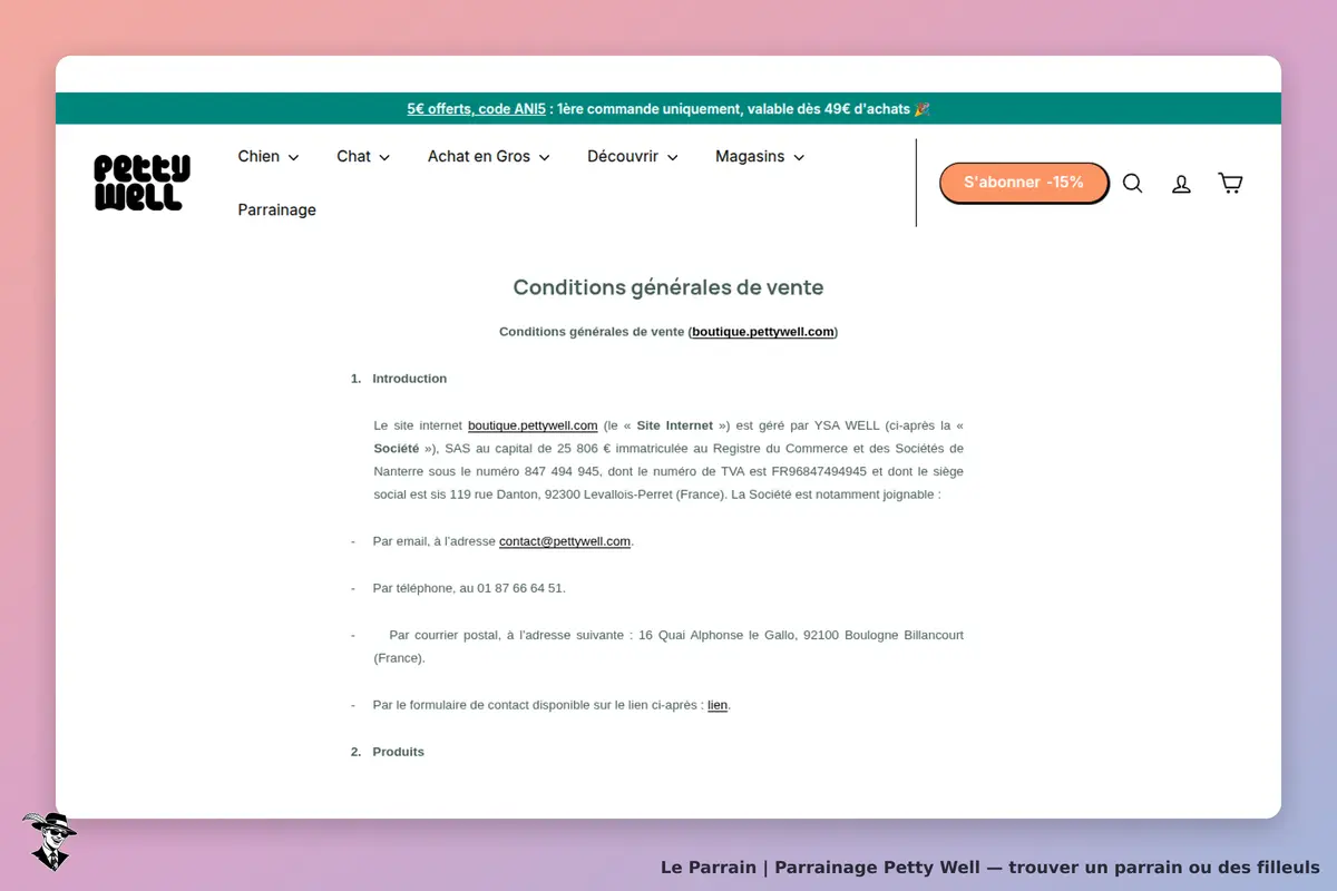 Petty Well : conditions générales de vente avec informations de contact et introduction