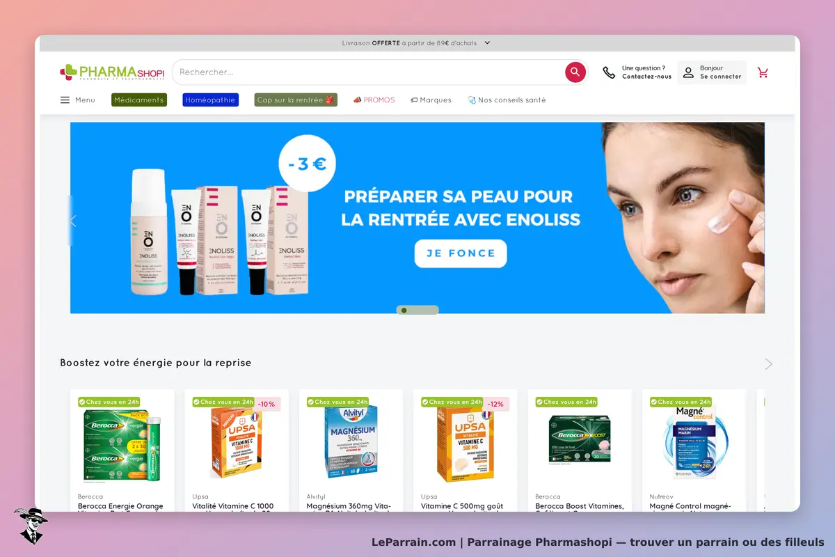Pharmashopi : page d'accueil avec produits de soins et compléments alimentaires affichés