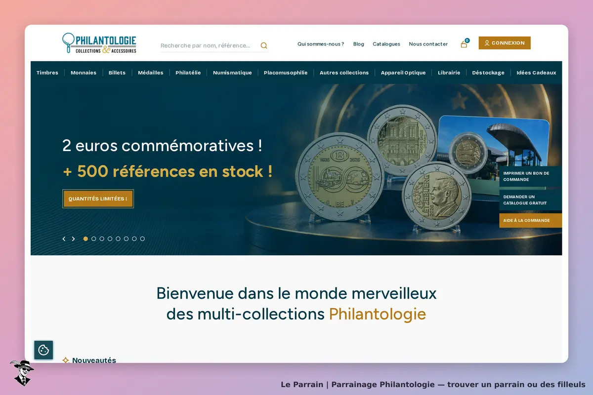 Philantologie : page d'accueil avec des pièces de monnaie et un message de bienvenue