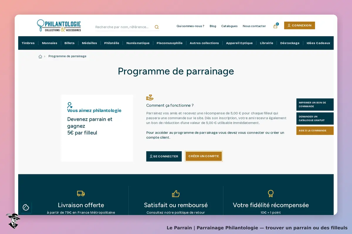 Philantologie : page d'accueil du programme de parrainage avec explications et options de connexion