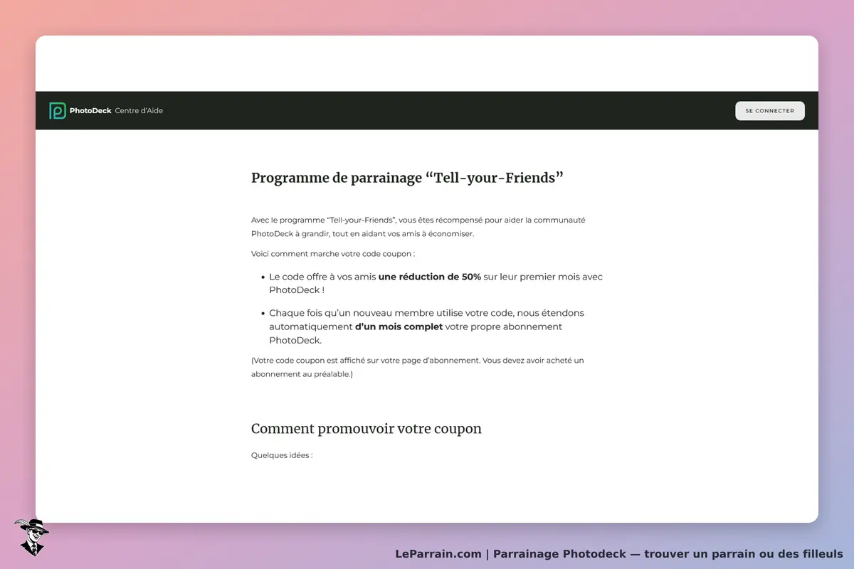 Photodeck : page d'aide sur le programme de parrainage "Tell-your-Friends"
