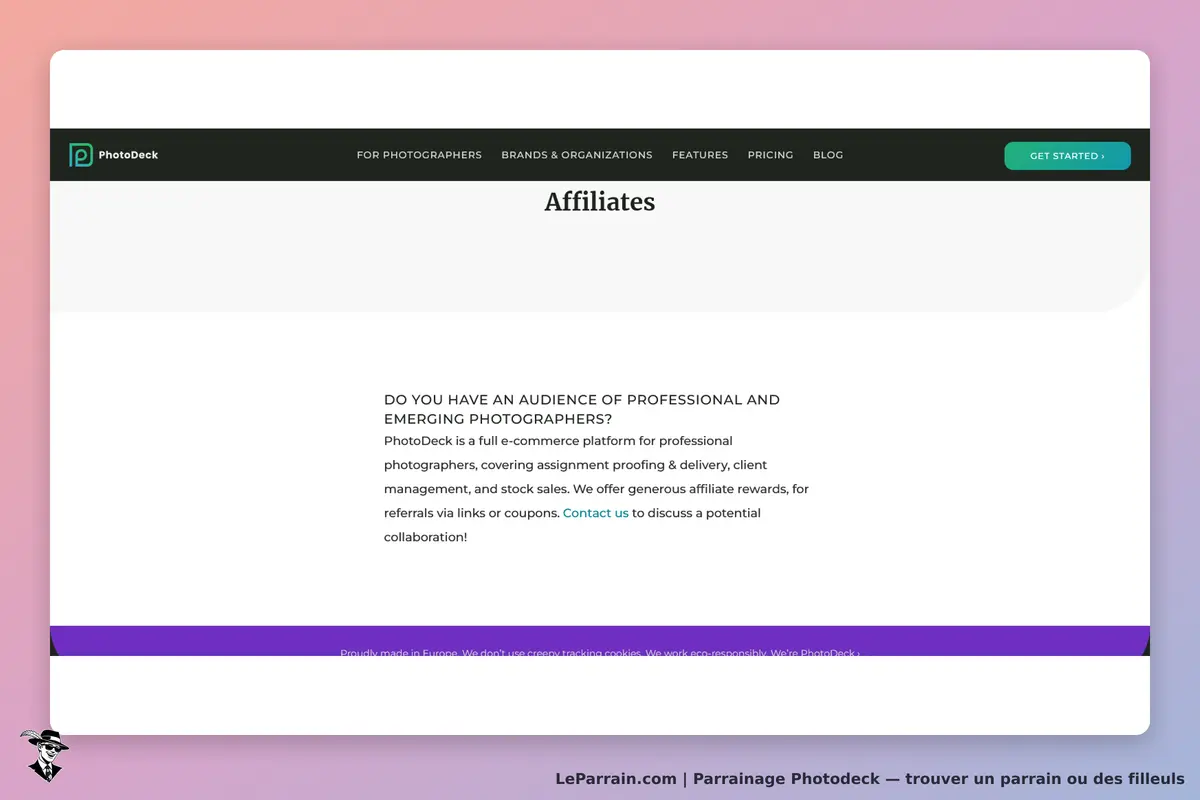 Photodeck : page dédiée au programme d'affiliation avec texte explicatif et lien de contact