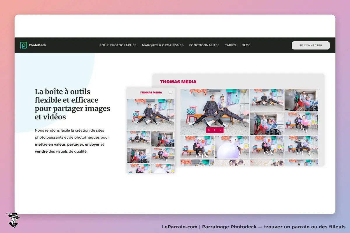 Photodeck : page d'accueil présentant des outils pour partager images et vidéos avec un aperçu