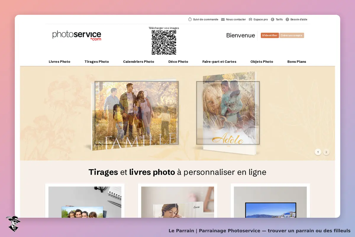 Photoservice : page d'accueil présentant des livres et tirages photo personnalisables